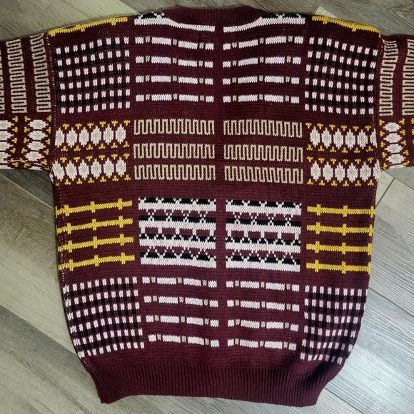 Vintage Lindsay Gray 90s Maroon Geometric Patchwork Cardigan Sweater M - Picture 5 of 5